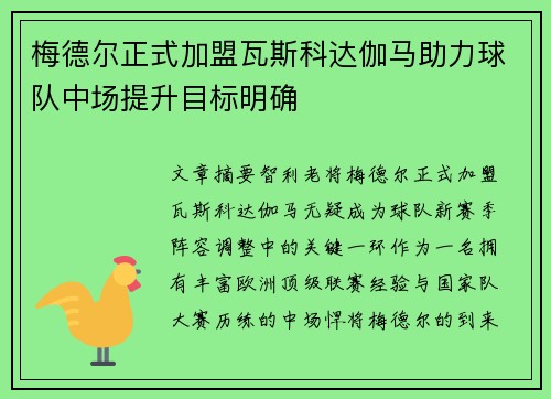 梅德尔正式加盟瓦斯科达伽马助力球队中场提升目标明确