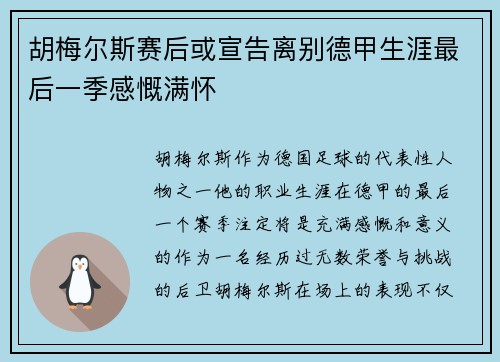 胡梅尔斯赛后或宣告离别德甲生涯最后一季感慨满怀