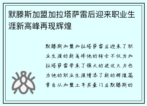 默滕斯加盟加拉塔萨雷后迎来职业生涯新高峰再现辉煌